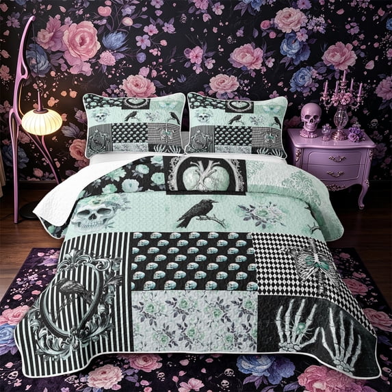 Castle Fairy Gothic Crow Skull Flowers Quilt King,Butterfly Heart Geometric Patchwork King Coverlet Set,Teal Black