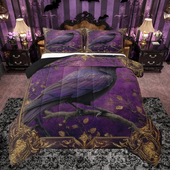 Castle Fairy Gothic Crow Twin Comforter Sets for Female Men,Luxury Purple Gold Bedding Set