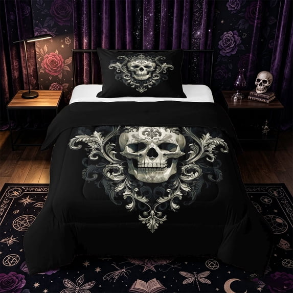Castle Fairy Gothic Crown Skull Twin Comforter Sets 2pcs,Floral Baroque Damask Bedding Set,Ivory Charcoal Black,1 Comforter and 1 Pillowcase,Black Reversible