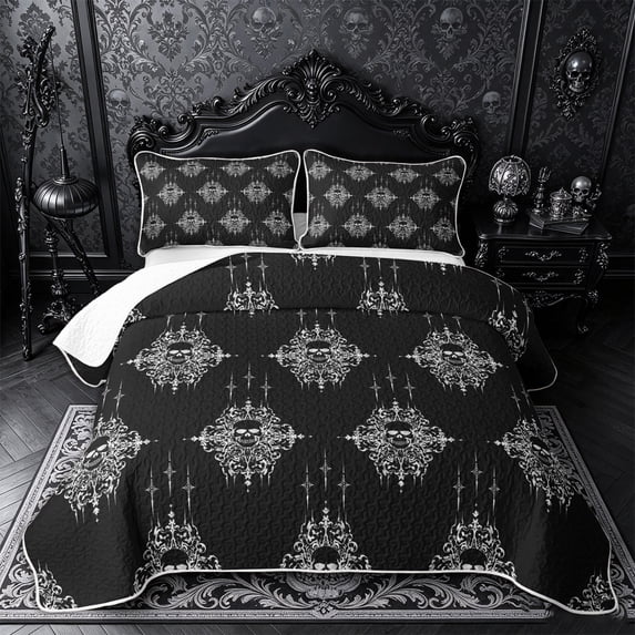 Castle Fairy Gothic Damask Skull Bed Spread Queen,Traditional Floral Queen Coverlet Set,Black White