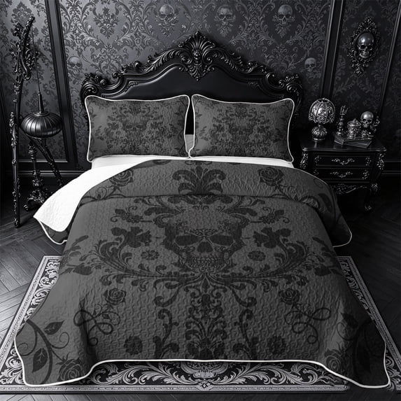 Castle Fairy Gothic Damask Skull Twin Quilt Set,Vintage Rose Floral Twin Coverlet Set,Charcoal Black