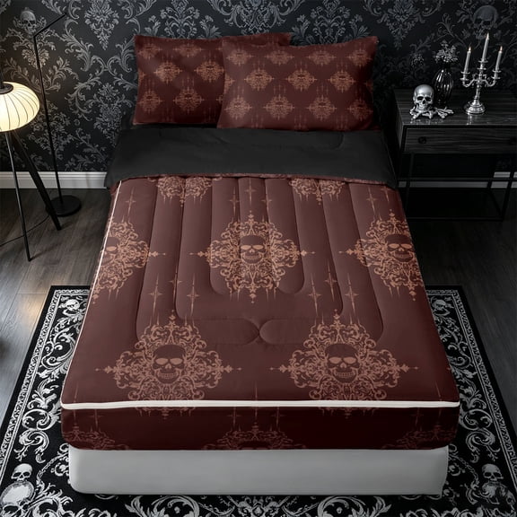 Castle Fairy Gothic Damask Skull Zipper Queen Comforter Set with Fitted Sheet and 2 Pillowcases,Traditional Floral Zipper Bedding Set,Burgundy,4 Pieces,Black Reversible