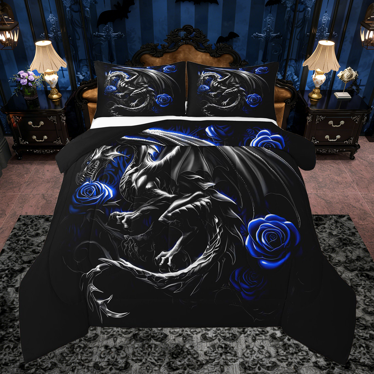 Flyff Rgothic Set Castle Fairy Gothic Dragon Full Size Comforter Sets,Abstract Blue Rose ...