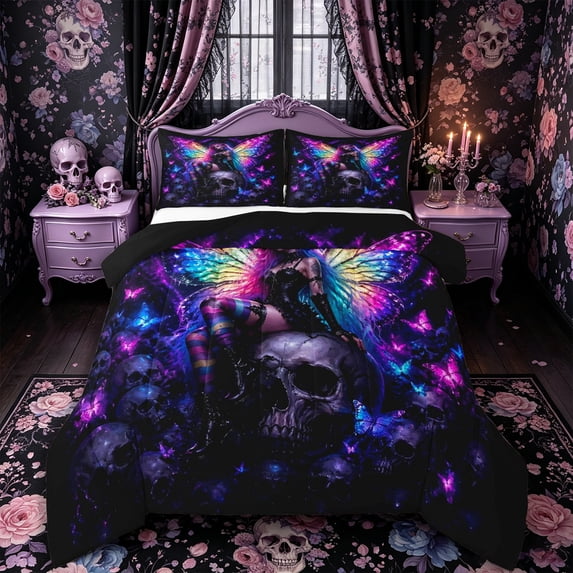 Castle Fairy Gothic Elf Butterfly Skull Full Size Comforter Sets 3-Piece,Boho Rainbow Butterfly Bedding Comforter Set,Purple Blacks,1 Comforter and 2 Pillowcases,Black Reversible