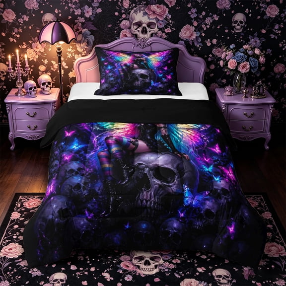 Castle Fairy Gothic Elf Butterfly Skull Twin Comforter Sets 2pcs,Boho Rainbow Butterfly Bedding Set,Purple Black,1 Comforter and 1 Pillowcase,Black Reversible