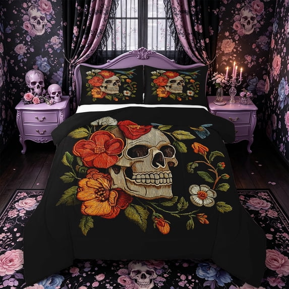 Castle Fairy Gothic Embroidery Style Skull King Size Comforter Sets 3pcs,Floral Hummingbird Graphic Comforters King Size,Orange Blacks,1 Comforter and 2 Pillowcases,Black Reversible