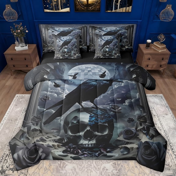 Castle Fairy Gothic Floral Rose Skull Bedding Comforter Set 7-Piece for Female Men,Animal Black Crow King Bedding Sets,Vintage Aesthetic Exotic Style Ultra Soft Bed Sheets,Ultra Soft Home Decor