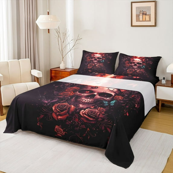 Castle Fairy Gothic Floral Rose Skull Full Size Sheets 4-Piece for Female Men,Flying Butterflies Breathable Bed Sheets,Vintage Aesthetic Exotic Style Lightweight Sheet Sets,Ultra Soft Home Decor