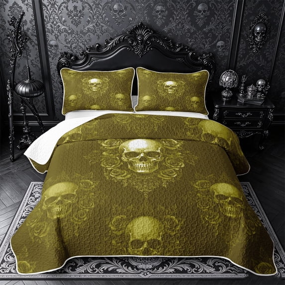 Castle Fairy Gothic Floral Skull Bed Spread Queen,Boho Damask Rose Queen Coverlet Set,Moss Gold