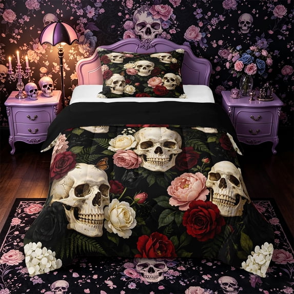 Castle Fairy Gothic Floral Skull Twin Comforter Sets 2pcs,Flowers Rose Peony Butterfly Bedding Set,Ivory Red Black,1 Comforter and 1 Pillowcase,Black Reversible