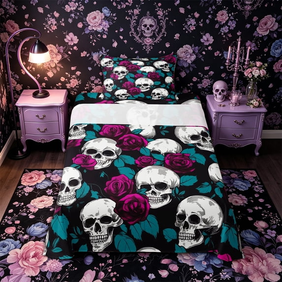 Castle Fairy Gothic Floral Skull Twin Sheets 3pcs,Flowers Rose Bedding,Ivory Magenta Black,1 Fitted Sheet,1 Flat Sheet and 1 Pillowcase