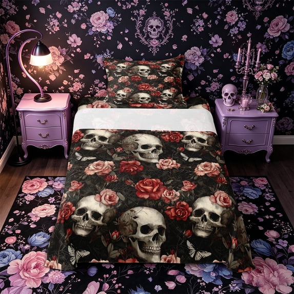 Castle Fairy Gothic Floral Skull Twin Sheets 3pcs,Rose Butterfly Bedding,Ivory Red Black,1 Fitted Sheet,1 Flat Sheet and 1 Pillowcase