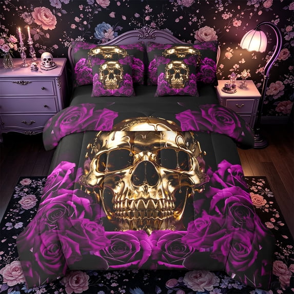 Castle Fairy Gothic Gold Skull 7-Piece Twin Bedding,Romantic Floral Rose Bedding Comforter Set,Gold Violet Black,Black Reversible