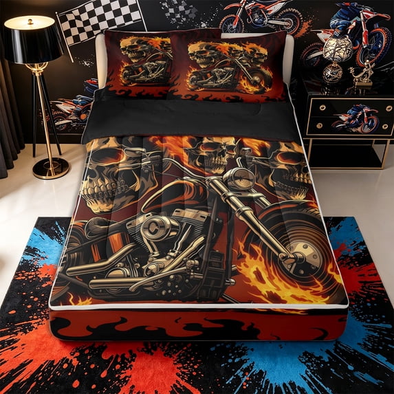 Castle Fairy Gothic Motorcycle Zipper Full Size Comforter Sets with Fitted Sheet and 2 Pillowcases,Fire Skull Biker Zipper Bedding Set for Edgy Bedroom,Black Orange,4pcs,Black Reversible