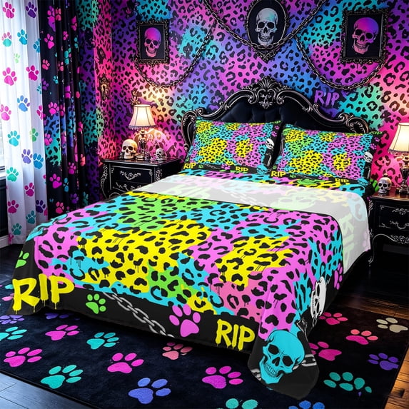 Castle Fairy Gothic Neon Abstract Skull Bed Sheets 4-Piece,Vibrant Leopard Print Full Size Sheets,Blue Purple Green Lime,1 Fitted Sheet,1 Flat Sheet and 2 Pillowcases