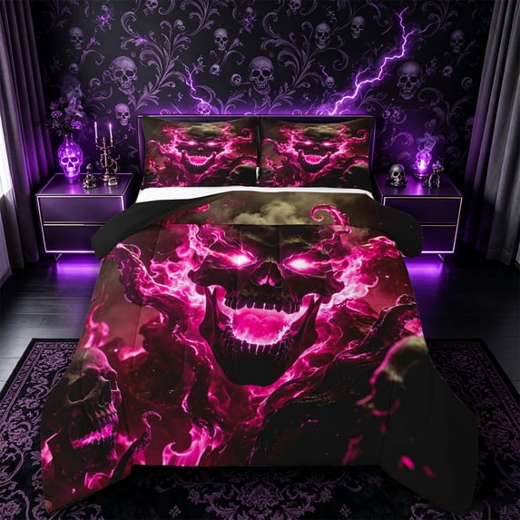 Castle Fairy Gothic Octopus Falme Skull King Size Comforter Sets 3pcs,Happy Halloween Comforters King Size,Magenta Blacks,1 Comforter and 2 Pillowcases,Black Reversible