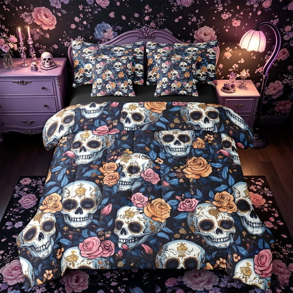 Castle Fairy Gothic Ornate Sugar Skull 7-Piece Twin Bedding,Rose Floral Pattern Bedding Comforter Set,Blue Pink Orange,Black Reversible