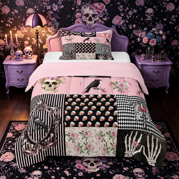 Castle Fairy Gothic Patchwork Twin Comforter Sets 2pcs,Raven Floral Skeleton Heart Bedding Set,Pink Black,1 Comforter and 1 Pillowcase,Pink Reversible