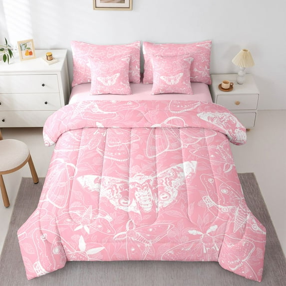 Castle Fairy Gothic Pink White Moth Bedding Comforter Set 7pcs for Boys Girls,Botanical Tree Leaves Queen Bedding Sets Super Cozy,Bohemian Vintage Aesthetic Queen Sheet Sets,Luxury Bedroom Decor