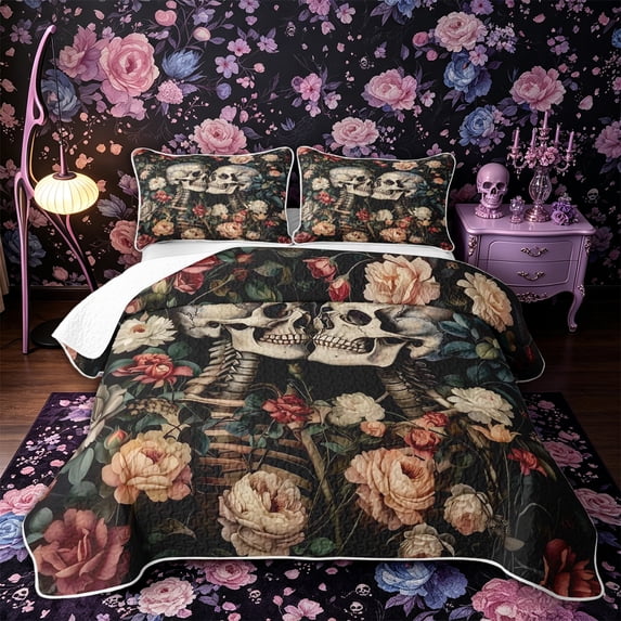 Castle Fairy Gothic Romantic Skeleton Couple Quilt Full,Vintage Floral Wildflower Full Bedspread Sets,Black Pink Red