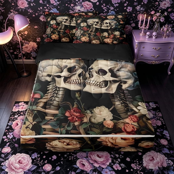 Castle Fairy Gothic Romantic Skeleton Couple Zipper Full Size Comforter Sets with Fitted Sheet and 2 Pillowcases,Vintage Floral Wildflower Zipper Bedding Set,Black Pink Red,4pcs,Black Reversible