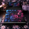 thumbnail image 1 of Castle Fairy Gothic Romantic Skull Couple Zipper Queen Comforter Set with Fitted Sheet and 2 Pillowcases,Gradient Butterfly Rose Flower Zipper Bedding Set,Blue Magenta,4 Pieces,Black Reversible, 1 of 6