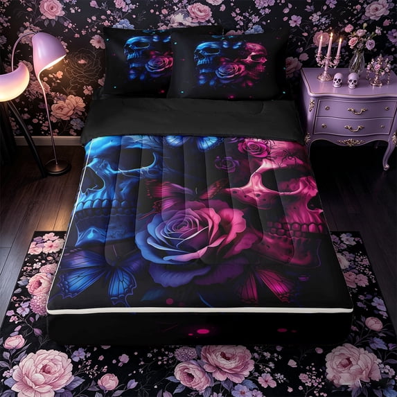 Castle Fairy Gothic Romantic Skull Couple Zipper Queen Comforter Set with Fitted Sheet and 2 Pillowcases,Gradient Butterfly Rose Flower Zipper Bedding Set,Blue Magenta,4 Pieces,Black Reversible