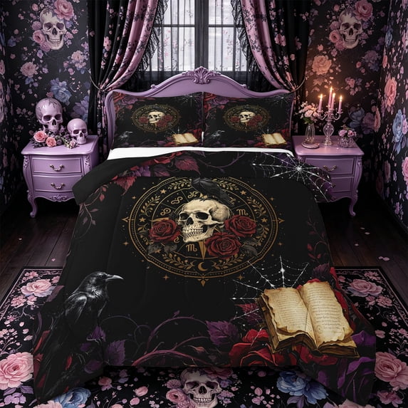 Castle Fairy Gothic Rose Skull Queen Comforter Set 3 Pieces,Spooky Crow Spiderweb Comforter Sets Queen,Gold Blacks,1 Comforter and 2 Pillowcases,Black Reversible