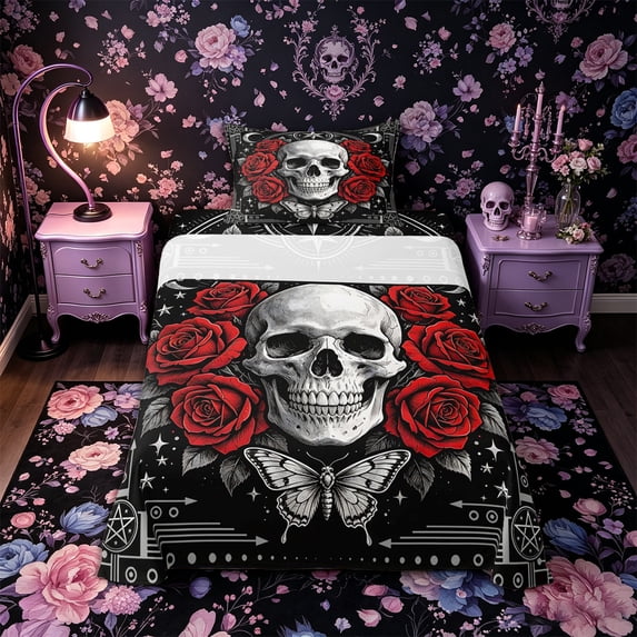 Castle Fairy Gothic Rose Skull Twin Sheets 3pcs,Boho Stars Crescent Butterfly Bedding,Ivory Red Black,1 Fitted Sheet,1 Flat Sheet and 1 Pillowcase