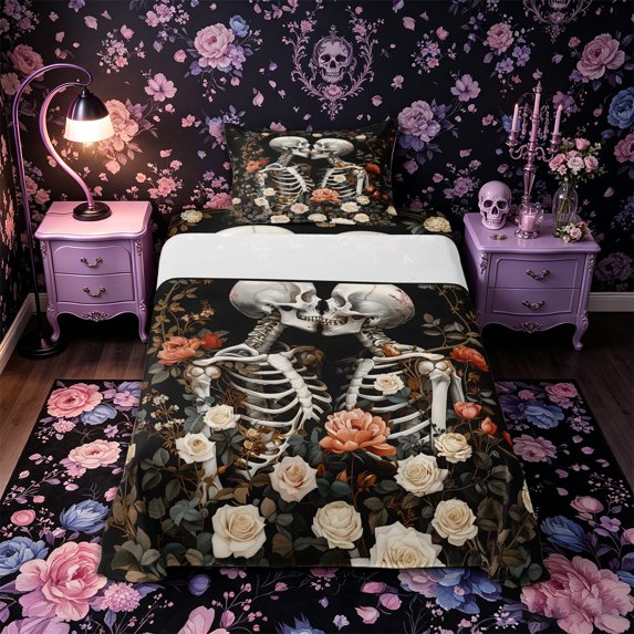 Castle Fairy Gothic Skeleton Couple Twin Sheets 3pcs,Romantic Floral Rose Skull Bedding,Cream Black,1 Fitted Sheet,1 Flat Sheet and 1 Pillowcase