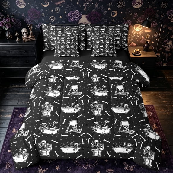 Castle Fairy Gothic Skeleton Full Size Bedding Sets 7 Pieces,Happy Halloween Full Size Bed in a Bag,White Black,Black Reversible