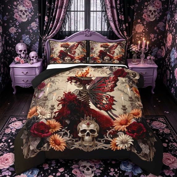 Castle Fairy Gothic Skeleton Full Size Comforter Sets 3-Piece,Crown Wing Bones Floral Rose Bedding Comforter Set,Red Blacks,1 Comforter and 2 Pillowcases,Black Reversible