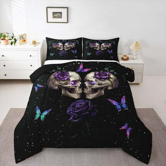 Castle Fairy Gothic Skull 2pcs Bedding Comforter Set,Butterfly Rose Twin Comforter Sets,Starry Sky Breathable Bedding Set,Super Cozy Universse Room Decor,Reversible