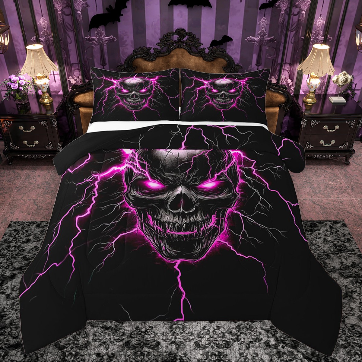 Flyff Rgothic Set Castle Fairy Gothic Skull 3 Pieces Queen Comforter Set for Boys Girls ...