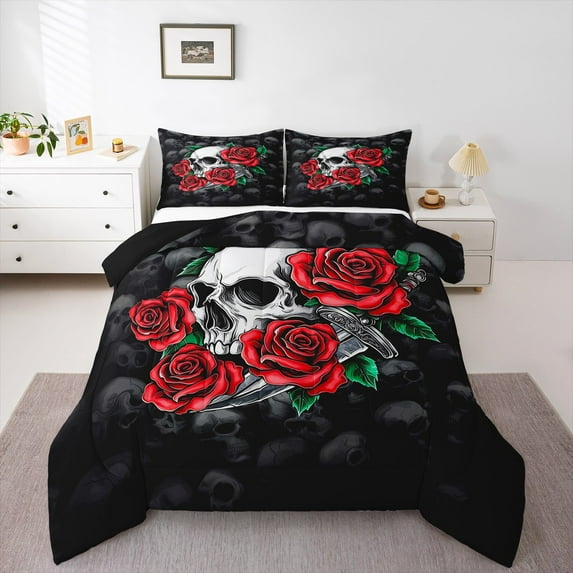 Castle Fairy Gothic Skull 3 Pieces Queen Comforter Set,Red Rose Ultra Soft Bedding Sets,Exotic Style Bedding Comforter Set,Luxury Teens Bedroom Decor,Reversible
