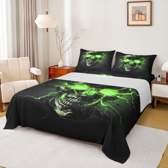 Castle Fairy Gothic Skull 4 Pieces Queen Sheet Sets for Boys Girls,Abstract Green Lightning Ultra Soft Flat Sheet,Exotic Style Queen Fitted Sheet,Ultra Soft Home Decor