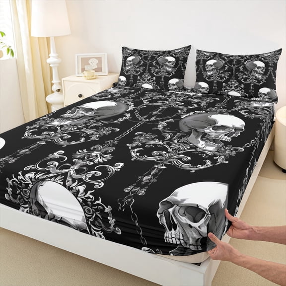 Castle Fairy Gothic Skull 4pcs Bed Sheets,Bohemian Damask King Sheets,Exotic Style Super Cozy Sheet Set,Super Cozy Abstract Room Decor