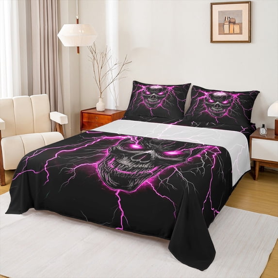 Castle Fairy Gothic Skull 4pcs Bed Sheets for Boys Girls,Abstract Green Lightning King Sheets,Exotic Style Super Cozy Sheet Set,Ultra Soft Home Decor