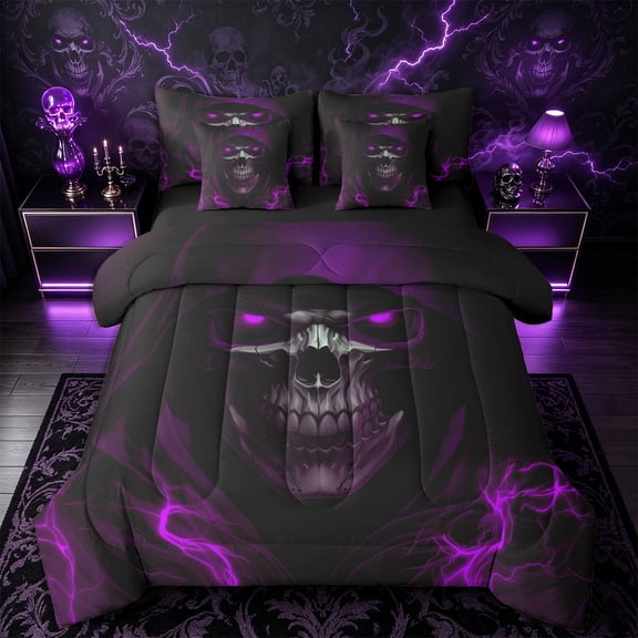 Castle Fairy Gothic Skull 7-Piece Twin Bedding,Abstract Lightning Cloak Print Bedding Comforter Set,Violet Gray Black,Black Reversible