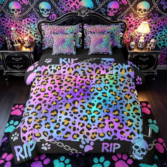 Castle Fairy Gothic Skull 7-Piece Twin Bedding,Gradient Leopard Print Bedding Comforter Set,Iridescent Purple,Black Reversible