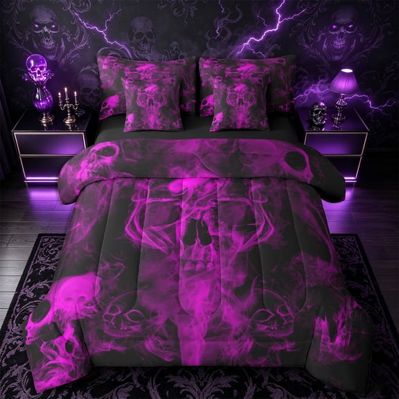 Castle Fairy Gothic Skull 7-Piece Twin Bedding,Happy Halloween Bedding Comforter Set,Magenta Black,Black Reversible
