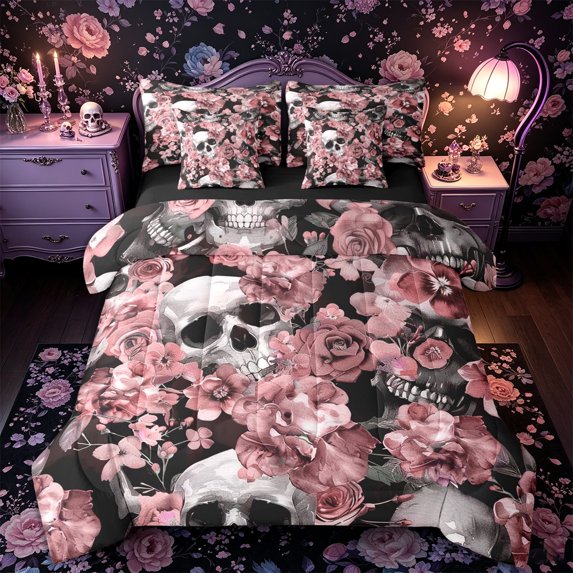 Castle Fairy Gothic Skull 7-Piece Twin Bedding,Rose Flower Bedding Comforter Set,Mauve Gray Black,Black Reversible