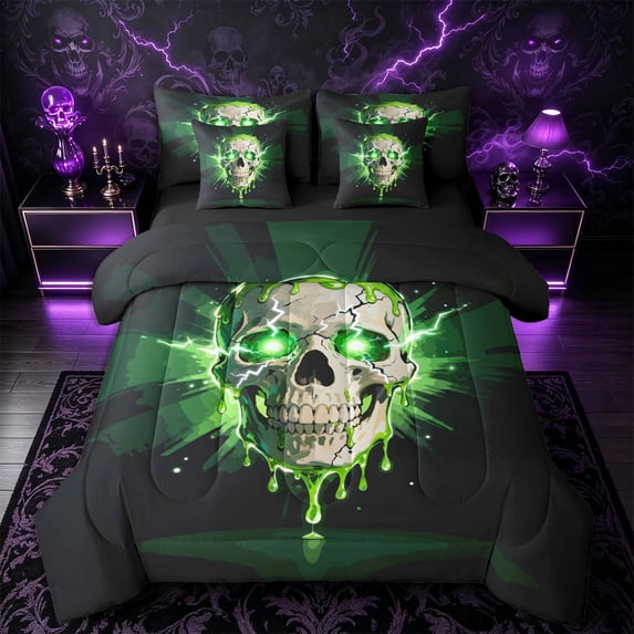 Castle Fairy Gothic Skull 7-Piece Twin Bedding,Spooky Lightning Bedding Comforter Set,Green Black,Black Reversible