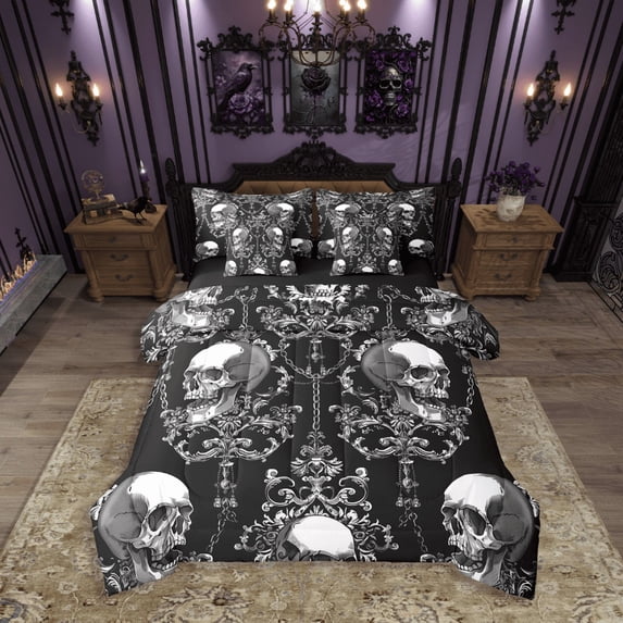 Castle Fairy Gothic Skull 7pcs Bedding Comforter Set,Bohemian Damask Queen Bedding Sets Super Cozy,Exotic Style Queen Sheet Sets,Super Cozy Abstract Room Decor,Reversible