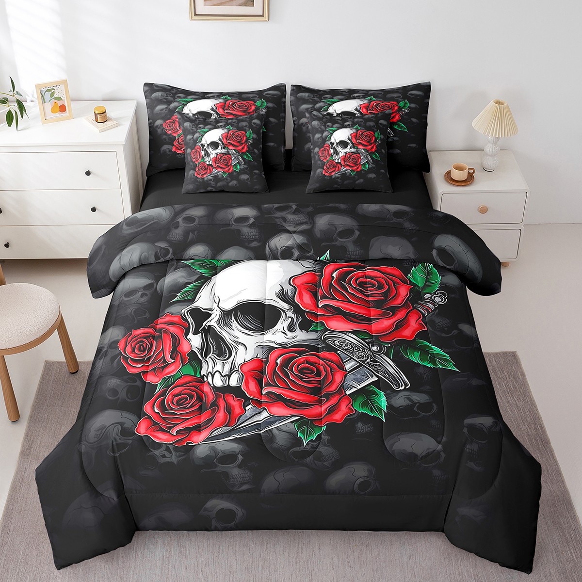 Flyff Rgothic Set Castle Fairy Gothic Skull 7pcs Bedding Comforter Set,Red Rose Queen ...