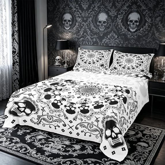 Castle Fairy Gothic Skull Bed Sheets 4-Piece,Traditional Flower Full Size Sheets,Black White,1 Fitted Sheet,1 Flat Sheet and 2 Pillowcases