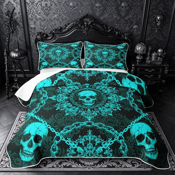 Castle Fairy Gothic Skull Bed Spread Queen,Chain Damask Floral Queen Coverlet Set,Cyan Black