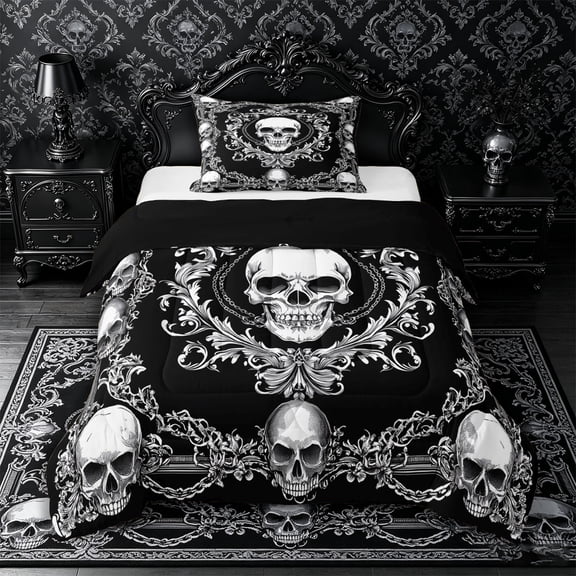 Castle Fairy Gothic Skull Chain Frame Twin Comforter Sets 2pcs,Baroque Swirl Floral Border Bedding Set,White Black,1 Comforter and 1 Pillowcase,Black Reversible