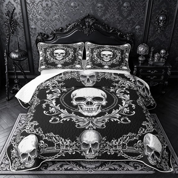 Castle Fairy Gothic Skull Chain Frame Twin Quilt Set,Baroque Swirl Floral Border Twin Coverlet Set,White Black