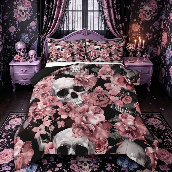 Castle Fairy Gothic Skull Full Size Comforter Sets 3-Piece,Rose Flower Bedding Comforter Set,Mauve Gray Blacks,1 Comforter and 2 Pillowcases,Black Reversible